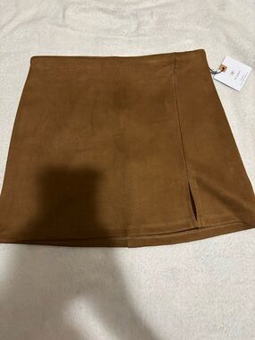 Girls' Brown Faux-Suede Mini Skirt with Front Slit